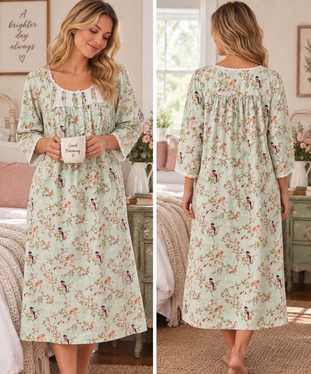 Long of Salzburg Flannel Nightgown Women’s L Green Bird Floral Lace Cottagecore